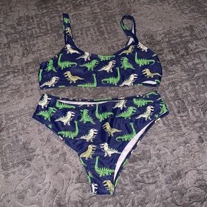 ROMWE Navy Blue Dinosaur Print Bikini Set, sz L top and bottom